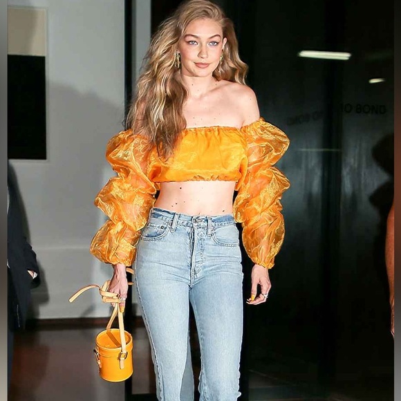 Gigi Hadid Iconic Orange Organza Crop Top Puffy Sleeves Romantic Size Small - Picture 3 of 9